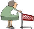 Chubby woman pushing a red shopping cart