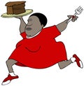 Chubby woman running with a piece of chocolate cake