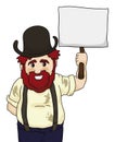 Red-haired and bearded man in dirty clothes, holding a blank banner, Vector illustration