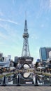 The Chubu Electric Mirai tower seen from the middle of Hisaya Odori Park in Nagoya, Japan