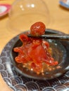 Chuka iidako (Seasoned baby octopus) grabbed with stainless chopstick
