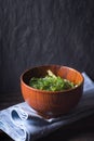 Chuka salad in the wooden bowl on the dark background vertical