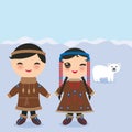 Chukcha Yakut Eskimos boy and girl in national costume and hat. Cartoon children in traditional alaska dress. Landscape Snow, ice,