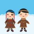 Chukcha Yakut Eskimos boy and girl in national costume and hat. Cartoon children in traditional alaska dress. Landscape Snow, ice,