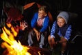 Chums around the campfire. three young boys sitting by the campfire. Royalty Free Stock Photo