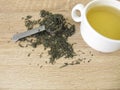 Chun mee in tea spoon and a cup of green tea