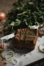 Chunk of salted smoked lard in gauze with a rope.Traditional Russian and Ukrainian meal.Healthy food with spices, herbs