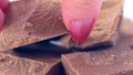 Chopped premium Belgian Gianduja chocolate macro closeup. Royalty Free Stock Photo