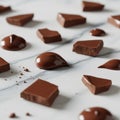 Chunks and dollops of smooth brown chocolate are arranged on a white marbled surface. The chocolate Royalty Free Stock Photo