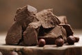 Chunks of gianduja with hazelnuts on wood board Royalty Free Stock Photo