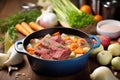 chunky beef stew in a cast iron pot, surrounded by raw ingredients Royalty Free Stock Photo