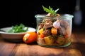 chunky beef stew in a clear glass pot, brightly lit Royalty Free Stock Photo