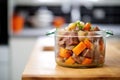 chunky beef stew in a clear glass pot, brightly lit Royalty Free Stock Photo