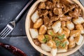 Chunky beef stew with savory sauce beside potato dumplings. Royalty Free Stock Photo