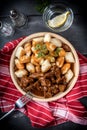 Chunky beef stew with savory sauce beside potato dumplings. Royalty Free Stock Photo