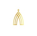 Church abstract minimalistic golden logo on white background. Outline religion vector logotype. Christian faith symbol. Royalty Free Stock Photo