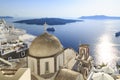 Church of Agia Irini with city view in Thira town, Santorini, Greece Royalty Free Stock Photo