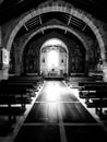 Church altar and benches black and white