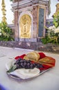 Bread and grapes on the altar to become the body and blood of jesus christ Royalty Free Stock Photo