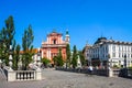 Church of the Annunciation and triple bridge over the Lublanica river in Ljublana, Slovenia Royalty Free Stock Photo