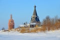 Church of the Ascension in the winter in the village of Piyala. Russia, Arkhangelsk region, Onega district Royalty Free Stock Photo