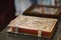 Church attribute a golden Bible with a lock on the altar, gospel, holy