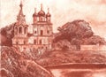 Church on the Bank of the Vologda river, Sepia