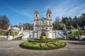 Church Basilica at Sanctuary of Bom Jesus do Monte and Pelican Fountain - Braga, Portugal Royalty Free Stock Photo