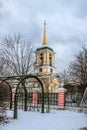 Church and bell tower of Homestead in Kuskovo hfrk Moscow in winter Royalty Free Stock Photo