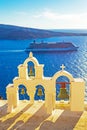 Church bells cruise ship Oia town Santorini Caldera Greece