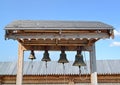 Church bells on a wooden belfry of the Sacred and Troitsk Trifonov-Pechengsky man's monastery