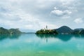 Bled lake with isle and church on it, Bled castle in the back