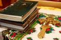 Bible, old church books. Cross put near the books