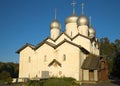 The Church of Boris and Gleb in the Carpenters in the rays of the setting sun. Veliky Novgorod