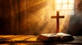 Church bright light background with holy bible and the cross of salvation of Jesus Christ