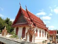 Church of Buddhist temple isolated on blue sky background closeup. Royalty Free Stock Photo