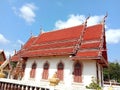 Church of Buddhist temple isolated on blue sky background closeup. Royalty Free Stock Photo