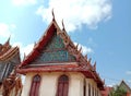 Church of Buddhist temple isolated on blue sky background closeup. Royalty Free Stock Photo