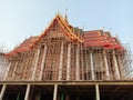 Church of Buddhist temple not finished under construction isolated on blue sky background closeup. Royalty Free Stock Photo