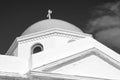 Church building detail Mykonos, Greece. Chapel with cross on blue dome with nice architecture. Agios Nikolaos church on Royalty Free Stock Photo