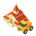 Church building icon isometric vector. Industrial dumper near christian church