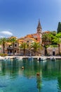 Church building and palm tree against sunny blue sky in Splitska village on Brac island, Croatia