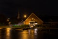 Church building in rainy night