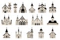 Church buildings. Religion architecture. Monastery and belfry. Tower with bells. Catholic Christian religious house