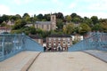 ENGLAND, WEST MIDLANDS, SHROPSHIRE, IRONBRIDGE, OCTOBER 14, 2015: View from the world`s first cast iron bridge to the town center Royalty Free Stock Photo