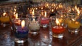 Church candles in red and yellow transparent chandeliers Royalty Free Stock Photo