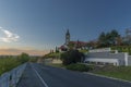 Church castle and old houses in old town Melnik in central Bohemia with sunset Royalty Free Stock Photo