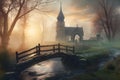 Church, Chapel sitting in the morning mist by a river and old stone built bridge. - ai generated art