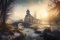 Church, Chapel sitting in the morning mist by a river and old stone built bridge. - ai generated art