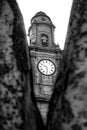 Church clock tower historical and medieval towers in monochrome